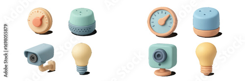 Colorful collection of smart home automation devices, security cameras, light bulbs, and internet of things gadgets