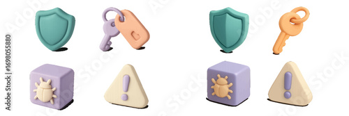 Digital security concepts with protective shields, access keys, and warning signs for cyber threats