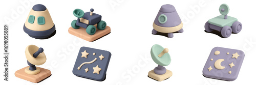 Stylized space exploration elements set with spacecraft, rovers, satellite dishes, and celestial objects in pastel colors