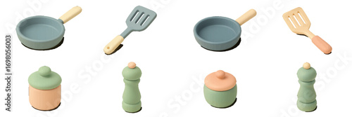 Contemporary kitchenware collection featuring frying pans, spatulas, and spice jars in soft pastel hues