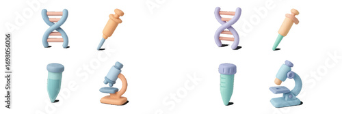 Assortment of colorful stylized scientific laboratory equipment and DNA double helix symbols for medical research and education