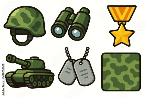 Military icon set featuring helmet, binoculars, medal, tank, dog tags, and camouflage