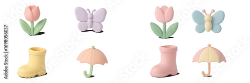 Soft pastel spring themed collection featuring tulips butterflies rain boots and umbrellas for seasonal design