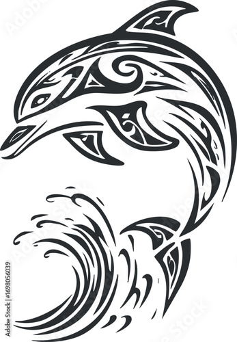 Stylized tribal dolphin design symbolizing freedom and playfulness in marine life. Black on transparent background.