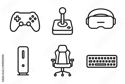 Icon set of gaming accessories: controller, joystick, vr headset, console, chair, keyboard
