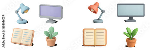 Minimalist collection of office and study items: desk lamps, computer monitors, books, and potted plants