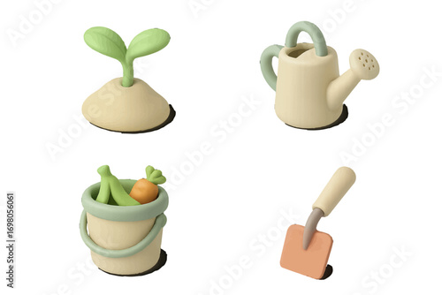 Adorable minimalist gardening tools and plant sprout collection featuring a watering can, bucket, and trowel on a clean white background