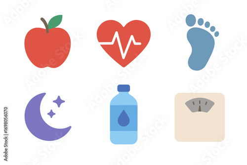 Healthy living icons: apple, heartbeat, footprint, moon, water bottle, scale
