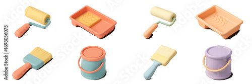 Vibrant collection of essential painting tools featuring rollers brushes paint buckets and trays for DIY home decor
