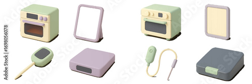 Assortment of minimalist pastel colored household appliances and modern tech devices on a clean white background