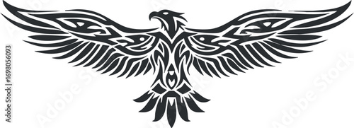 A tribal black silhouette of a soaring eagle with intricate designs representing strength and freedom. Black on transparent background.