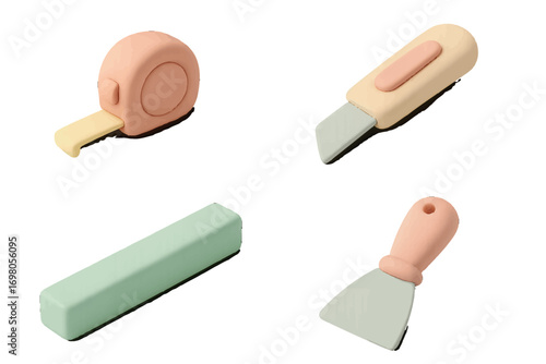 Minimalist pastel construction tools set with tape measure, utility knife, sanding block, and putty knife for home improvement