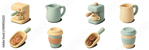 Pastel coffee shop essentials with espresso machines, milk pitchers, coffee beans, and reusable cups