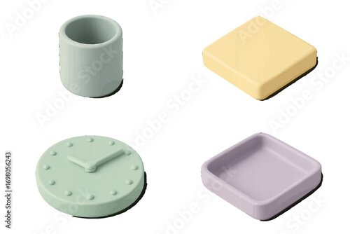 Minimalist isometric pastel objects set with a clock, cup, square block, and tray for modern design concepts
