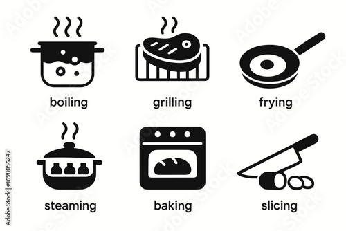 Icons of boiling, grilling, frying, steaming, baking, and slicing in cooking