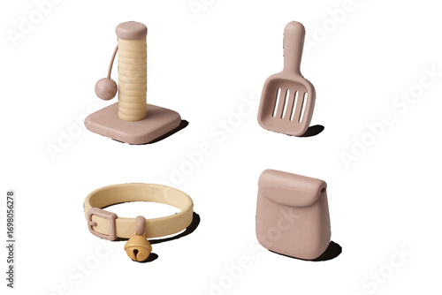 Essential cat care items collection featuring a scratching post, bell collar, litter scoop, and treat bag for domestic feline pets