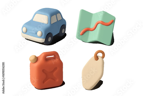 Collection of travel and road trip essentials featuring a blue car, folded map, orange gas can, and a blank tag