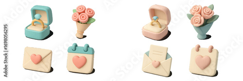 Collection of romantic icons for special occasions including engagement rings, flower bouquets, love letters, and calendar reminders