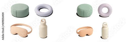 Collection of wellness and self-care items including meditation cushion, yoga ring, sleep mask, and water bottle