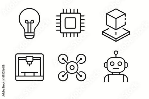 Innovative technology icons: lightbulb, microchip, cube, 3d printer, drone, robot head