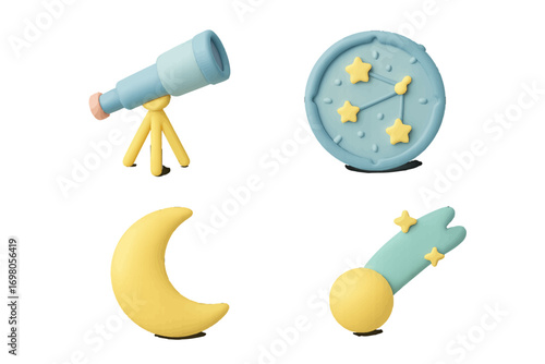 Vibrant celestial objects and astronomy tools set with telescope constellation moon and shooting star