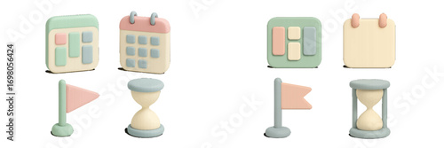 Soft pastel 3D icons representing time, schedule, and planning concepts, ideal for modern digital interfaces and applications