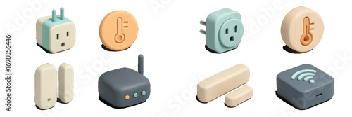 Collection of smart home devices including power outlets, thermostats, door sensors, and wireless routers for modern automation