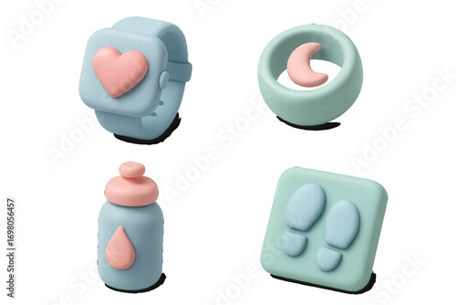 Smartwatch, sleep monitor, water bottle, and step counter icons for health and fitness tracking apps