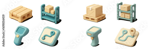 Modern three-dimensional concepts illustrating logistics, delivery, warehouse operations, shipping, and package tracking services
