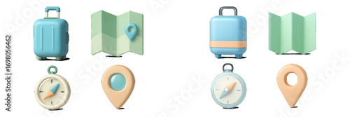 Vibrant collection of 3D-style travel and navigation icons featuring luggage, folded map, compass, and location markers for global adventures