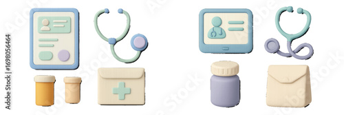 Medical healthcare items collection featuring patient records, stethoscope, medicine bottles, and a medical folder