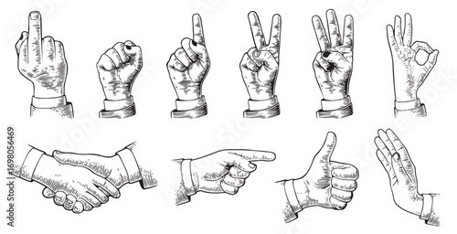 Retro hand icons. Human arms. Various gestures pencil art sketches vector