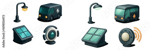 Smart city technology icons showcasing urban infrastructure elements and sustainable energy solutions for modern living