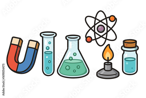 Colorful science icons: magnet, beakers, atom, bunsen burner, vial illustrations