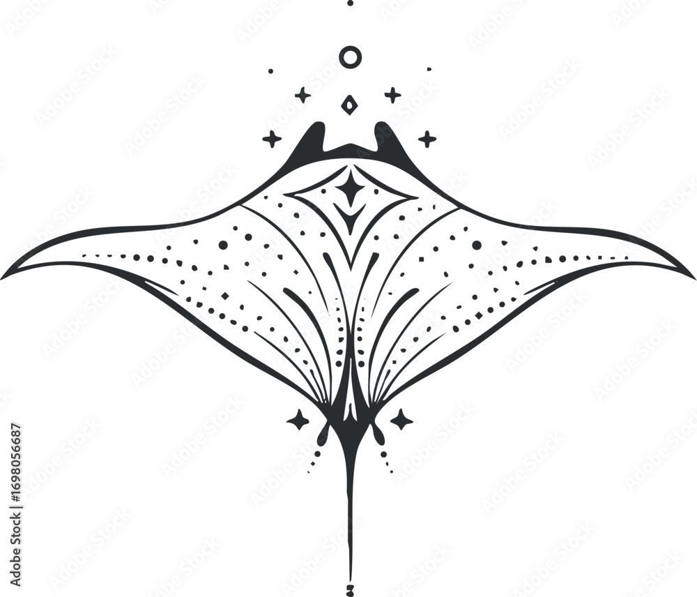 Fototapeta premium Stylized illustration of a manta ray featuring intricate patterns and abstract designs. Black on transparent background.