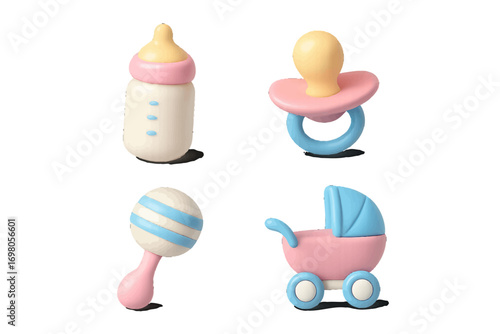 Adorable baby care essentials set featuring a feeding bottle, pacifier, rattle, and a charming pram for infants