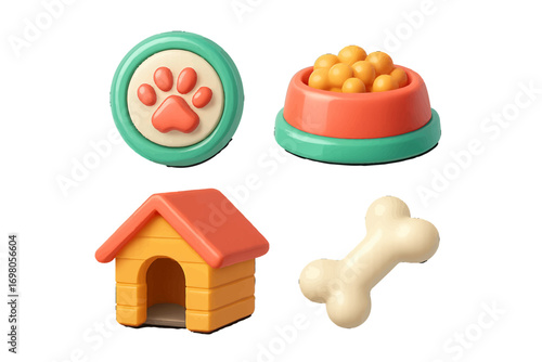 Vibrant and essential pet care items: dog house, food bowl, bone, and paw print icon set for animal lovers and pet owners, perfect for various designs and projects