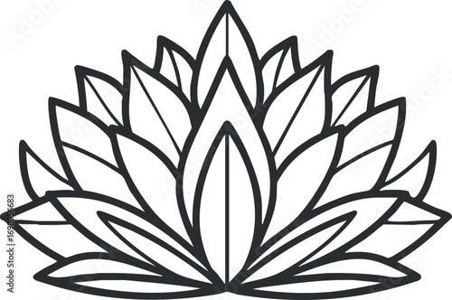Outline illustration of a lotus flower symbolizing peace and tranquility in nature. Black on transparent background.