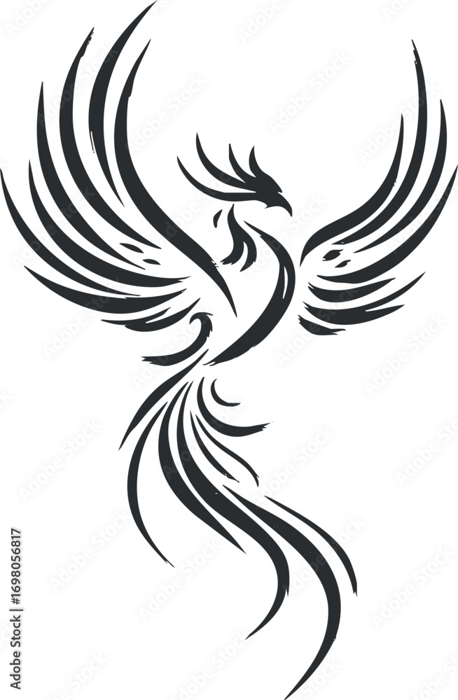 Fototapeta premium A stylized black phoenix rising with elegant wings, symbolizing rebirth and freedom. Black on transparent background.