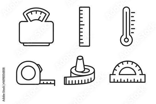 Set of measurement tools: scale, ruler, thermometer, tape measure, protractor icons