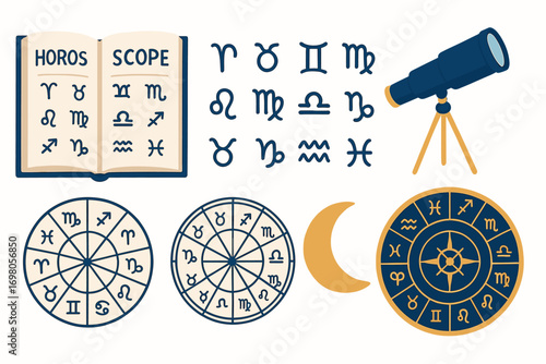 Astrology symbols: zodiac signs, horoscope book, telescopes, moon, wheel charts