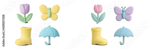 Pastel spring season elements with tulips, butterflies, rain boots, and umbrellas for seasonal designs