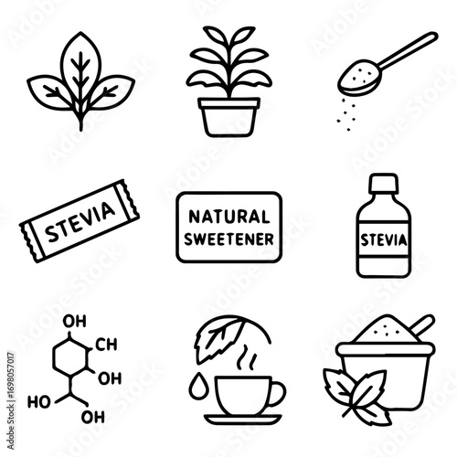Stevia Plant Leaves Sweetener Icons Natural ZeroCalorie Sweetener Illustrations.