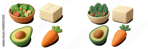 Nutritious ingredients like fresh salad, firm tofu, ripe avocado, and crisp carrot in a delightful clay-like aesthetic