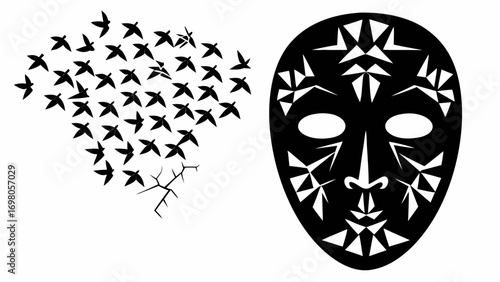 Black and white illustration of birds flying from a tree branch next to a tribal mask with shapes silhouette