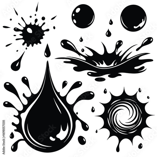 Black ink droplets and splashes, vector illustration, isolated on white background.