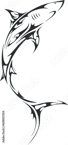 Stylized black and white illustration of a shark swimming gracefully in the ocean. Black on transparent background.