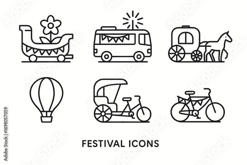 Festival icons collection: parade float, bus, carriage, balloon, rickshaw, bicycle