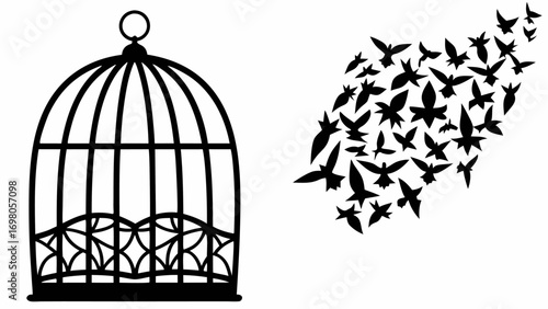 Silhouette of a birdcage with an ornate base and a flock of birds flying away to the right side