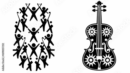 Illustration featuring a group of stick figures and a decorative violin with floral patterns in black and white silhouette